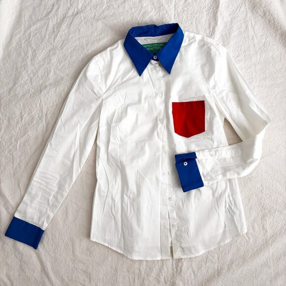 United Colors of Benetton Color Block Button Down Shirt XS White Blue Red Long S - Picture 3 of 4